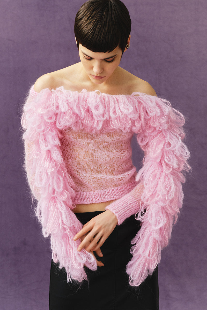 PINK KNITTED TOP WITH BOA