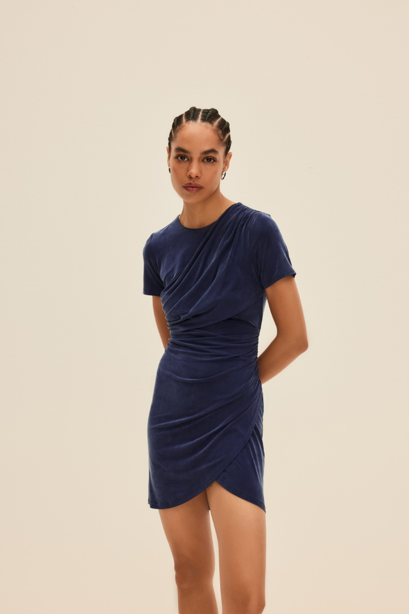 DRAPED SHORT DRESS IN DEEP BLUE