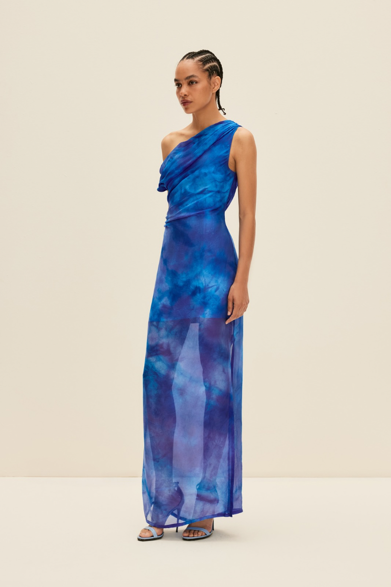 OFF-SHOULDER MAXI DRESS IN HAND-DYED BLUE