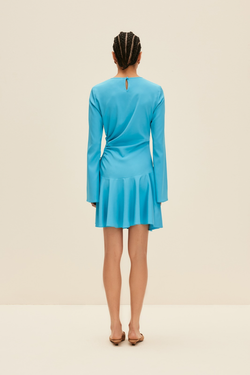 CUTOUT SILK DRESS IN TURQUOISE BLUE