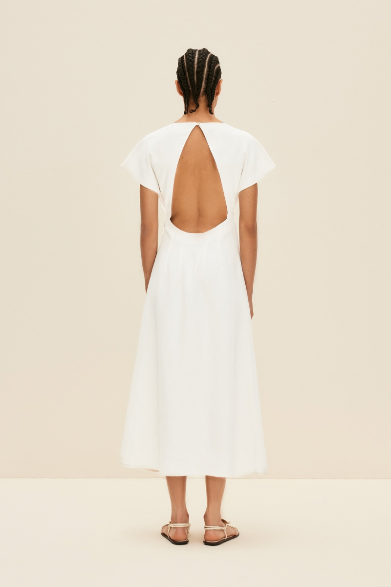 OPEN BACK MIDI DRESS IN PEARL WHITE