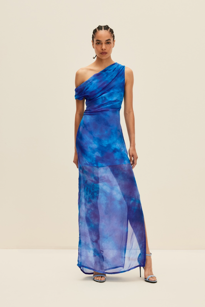 OFF-SHOULDER MAXI DRESS IN HAND-DYED BLUE