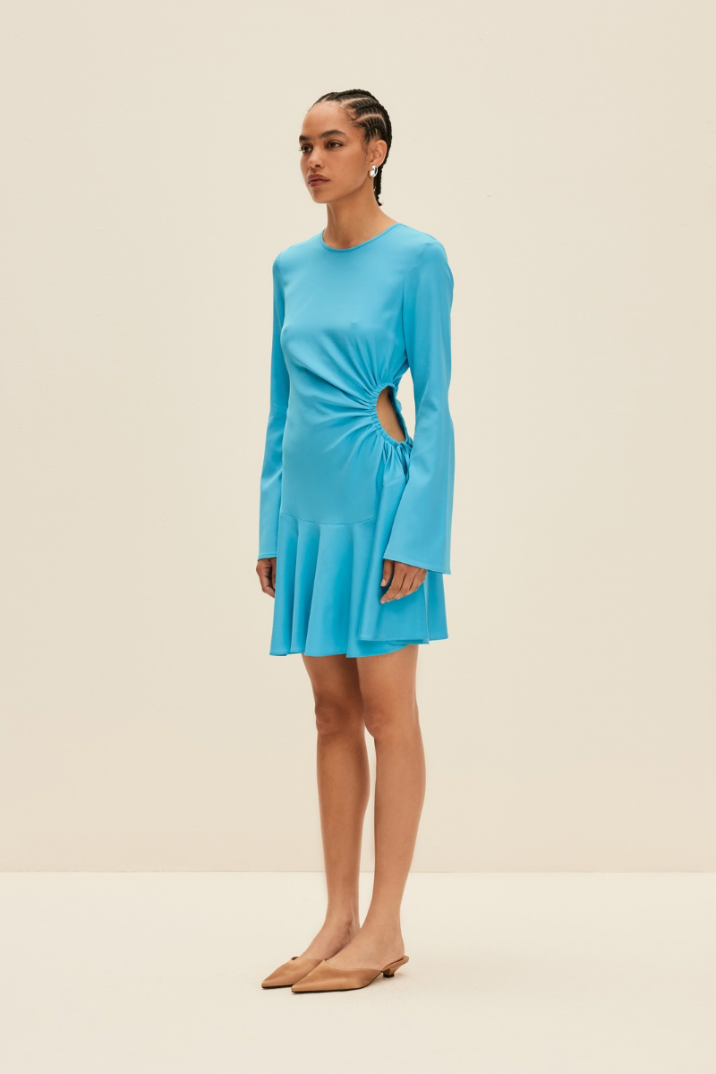 CUTOUT SILK DRESS IN TURQUOISE BLUE