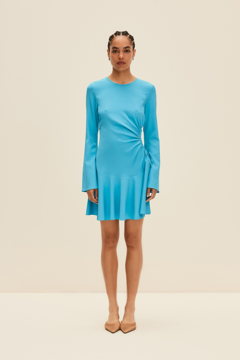 CUTOUT SILK DRESS IN TURQUOISE BLUE