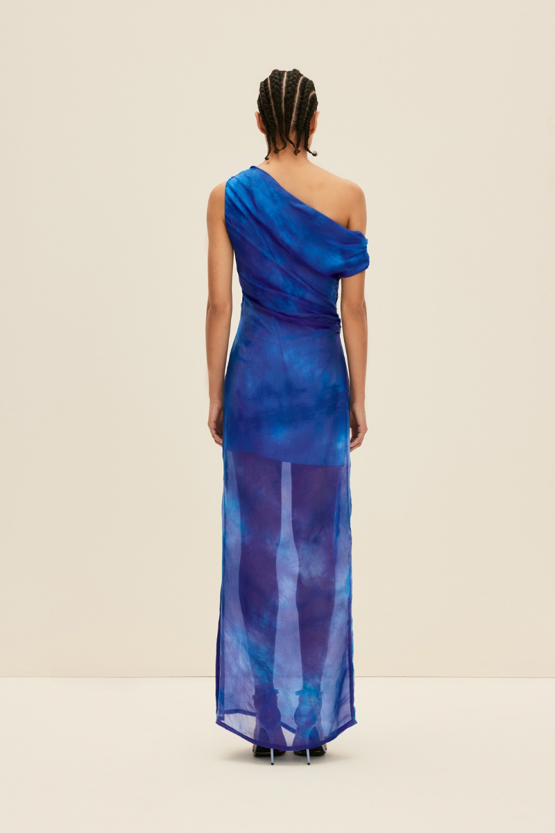 OFF-SHOULDER MAXI DRESS IN HAND-DYED BLUE