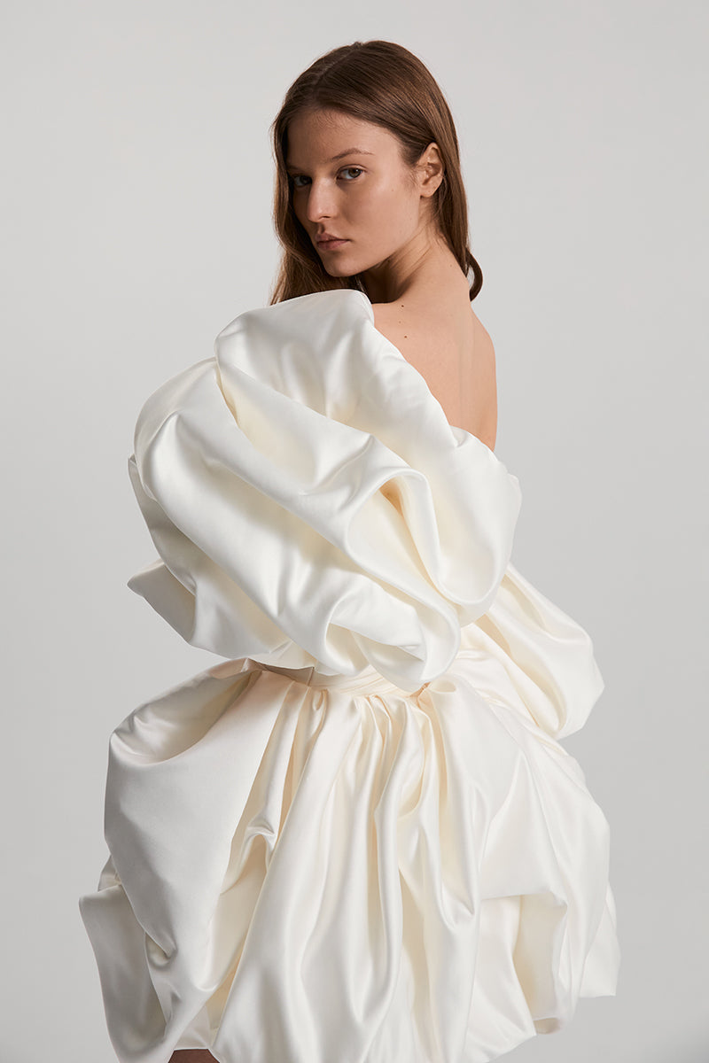 BISOU MINI DRESS SATIN IN OFF-WHITE