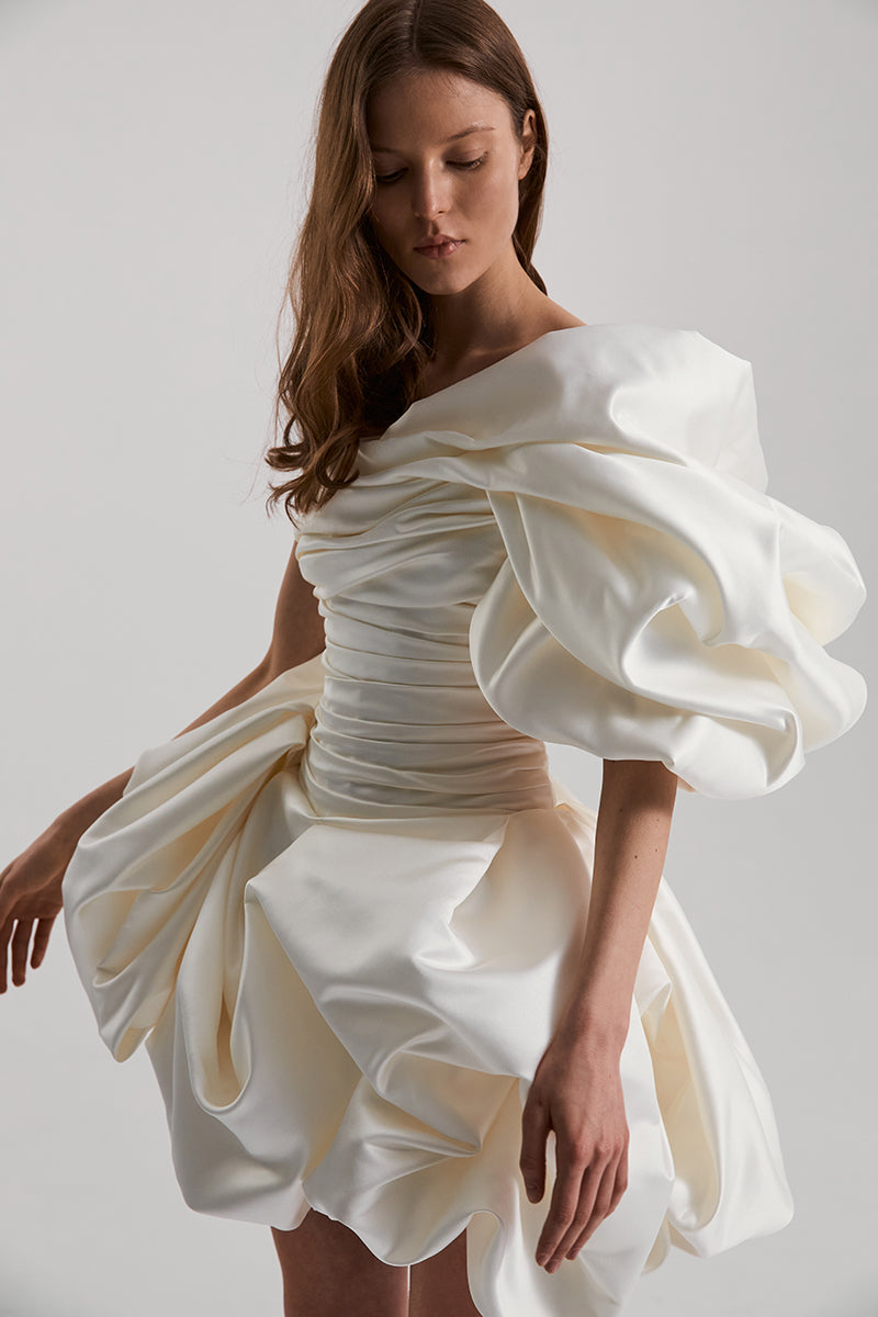 BISOU MINI DRESS SATIN IN OFF-WHITE