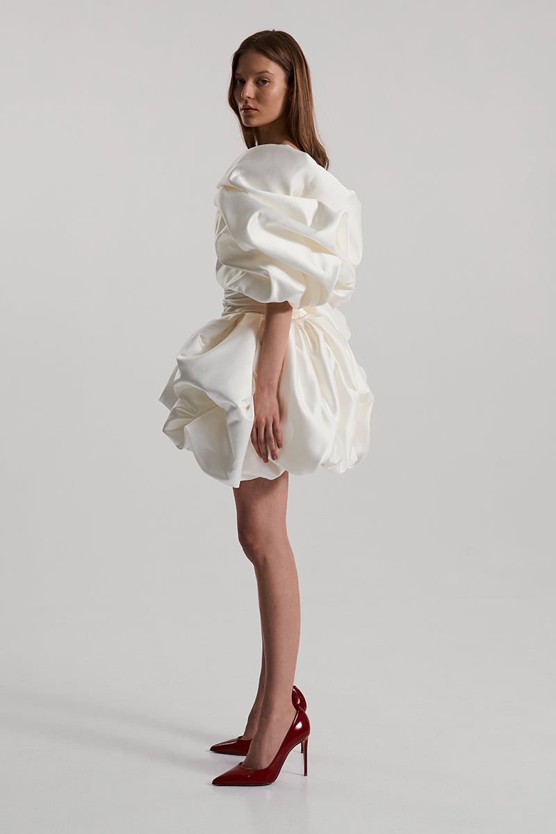 BISOU MINI DRESS SATIN IN OFF-WHITE