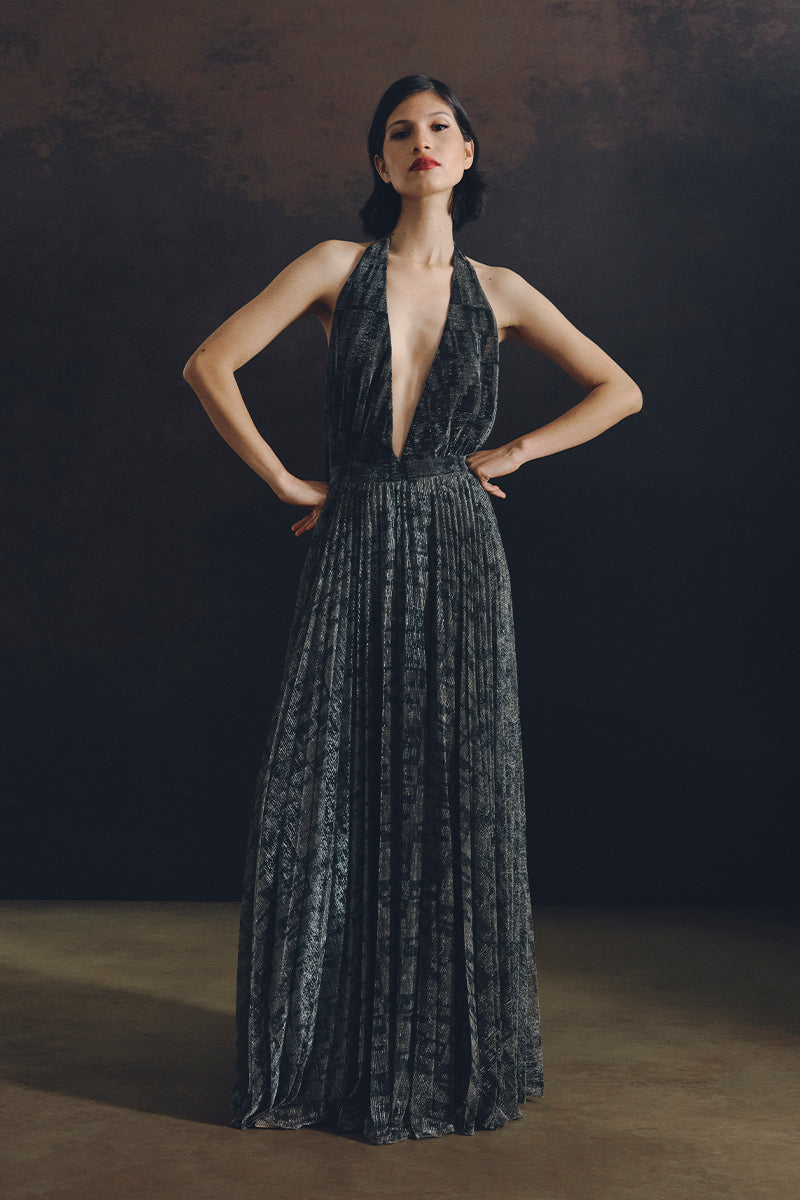 WATERFALL DRESS IN METALLIC GOLD