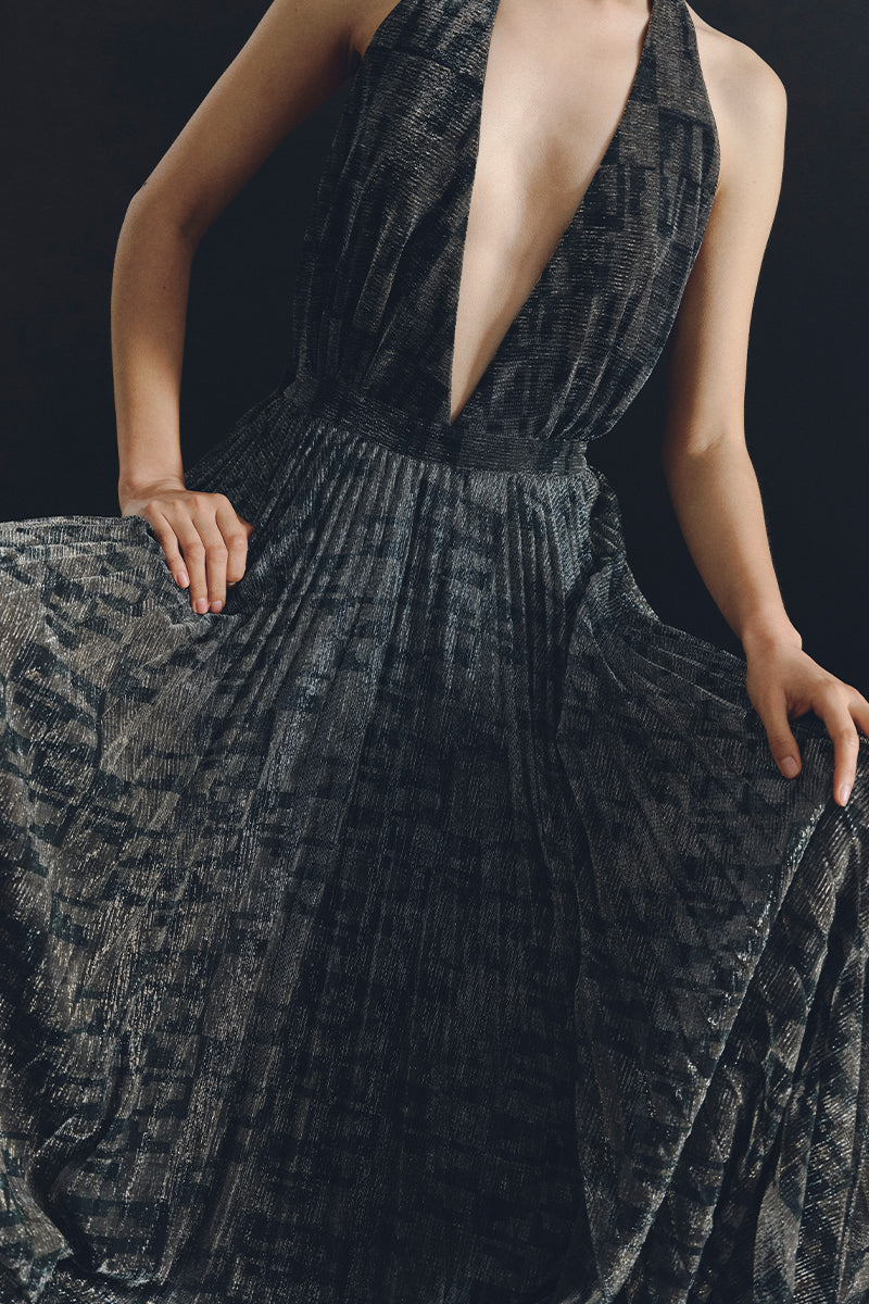 WATERFALL DRESS IN METALLIC GOLD