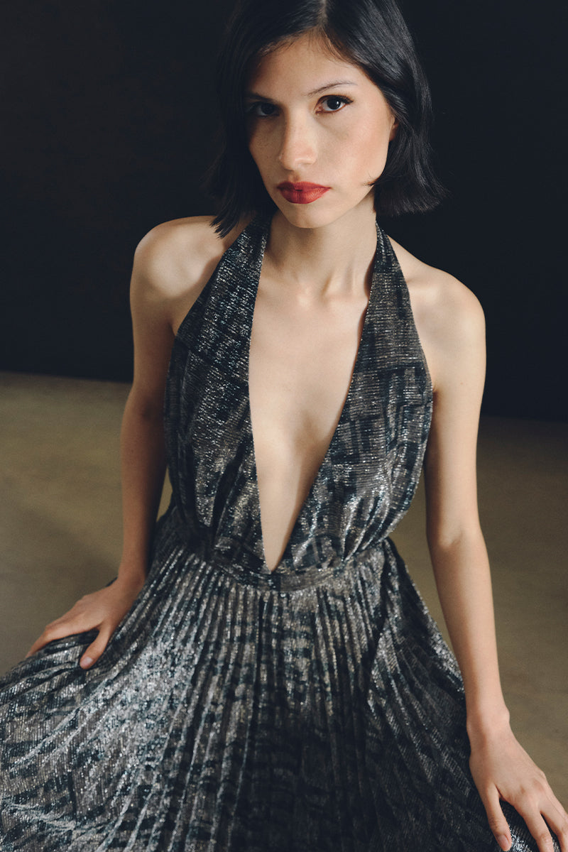 WATERFALL DRESS IN METALLIC GOLD