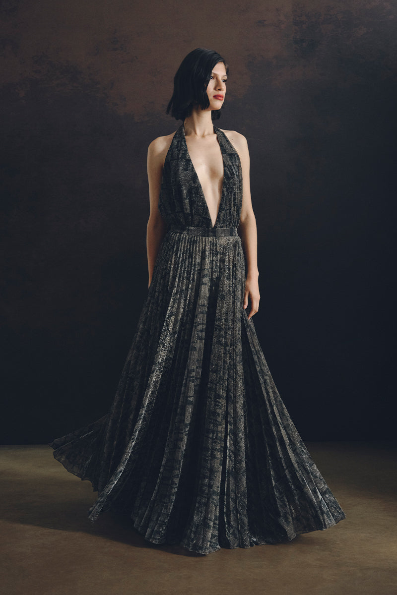 WATERFALL DRESS IN METALLIC GOLD