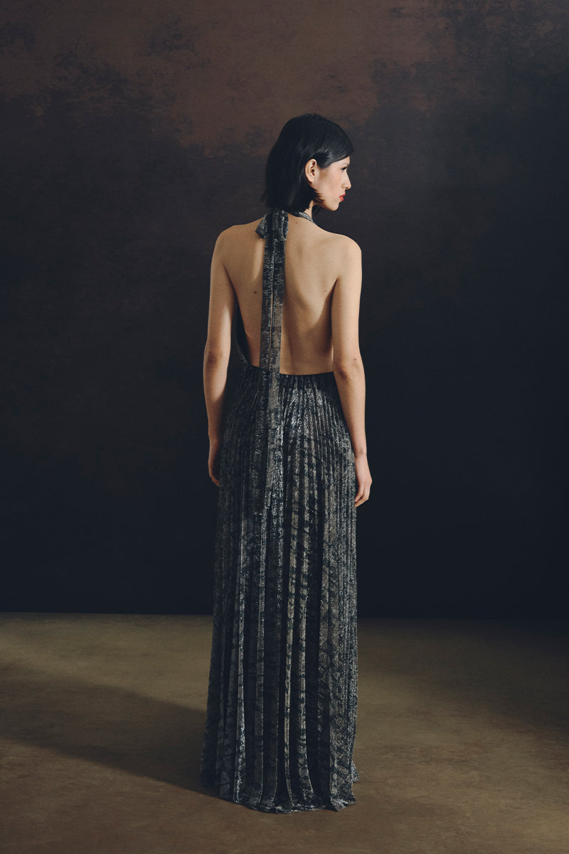 WATERFALL DRESS IN METALLIC GOLD