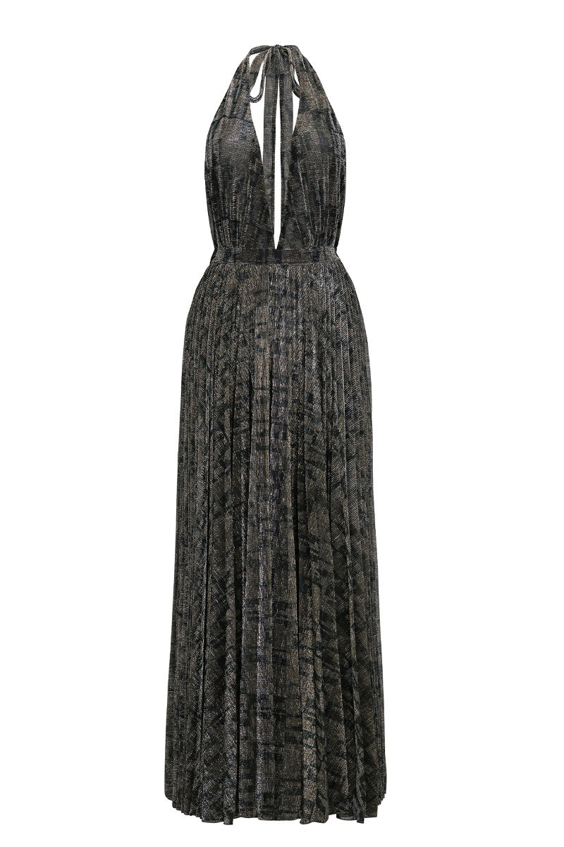 WATERFALL DRESS IN METALLIC GOLD