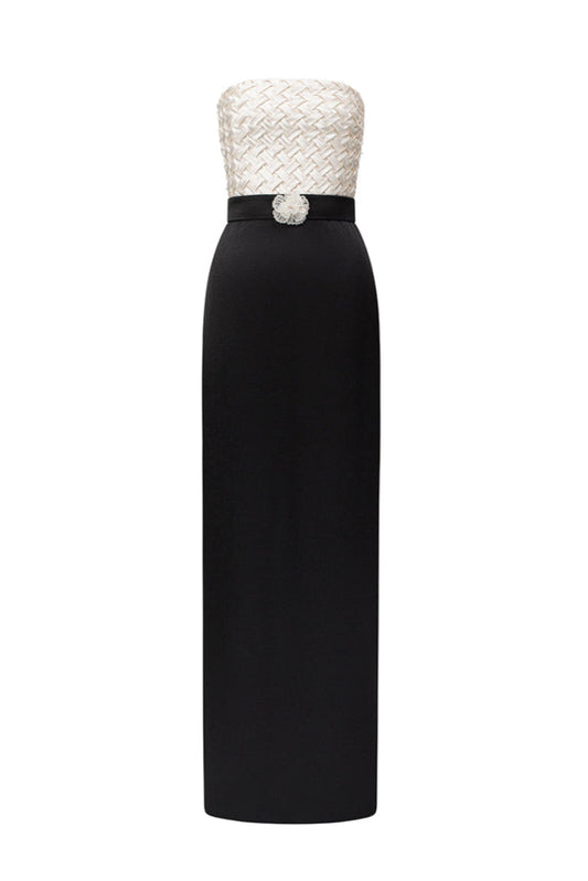 SMOCKING SILK AND SILK TAFFETA DRESS IN BLACK AND IVORY