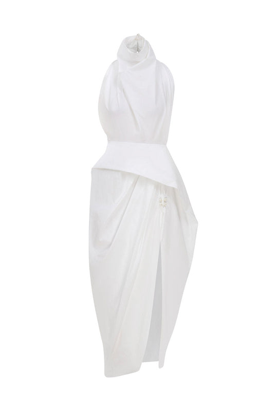 DRAPED MAXI DRESS WITH PEARL BUTTONS