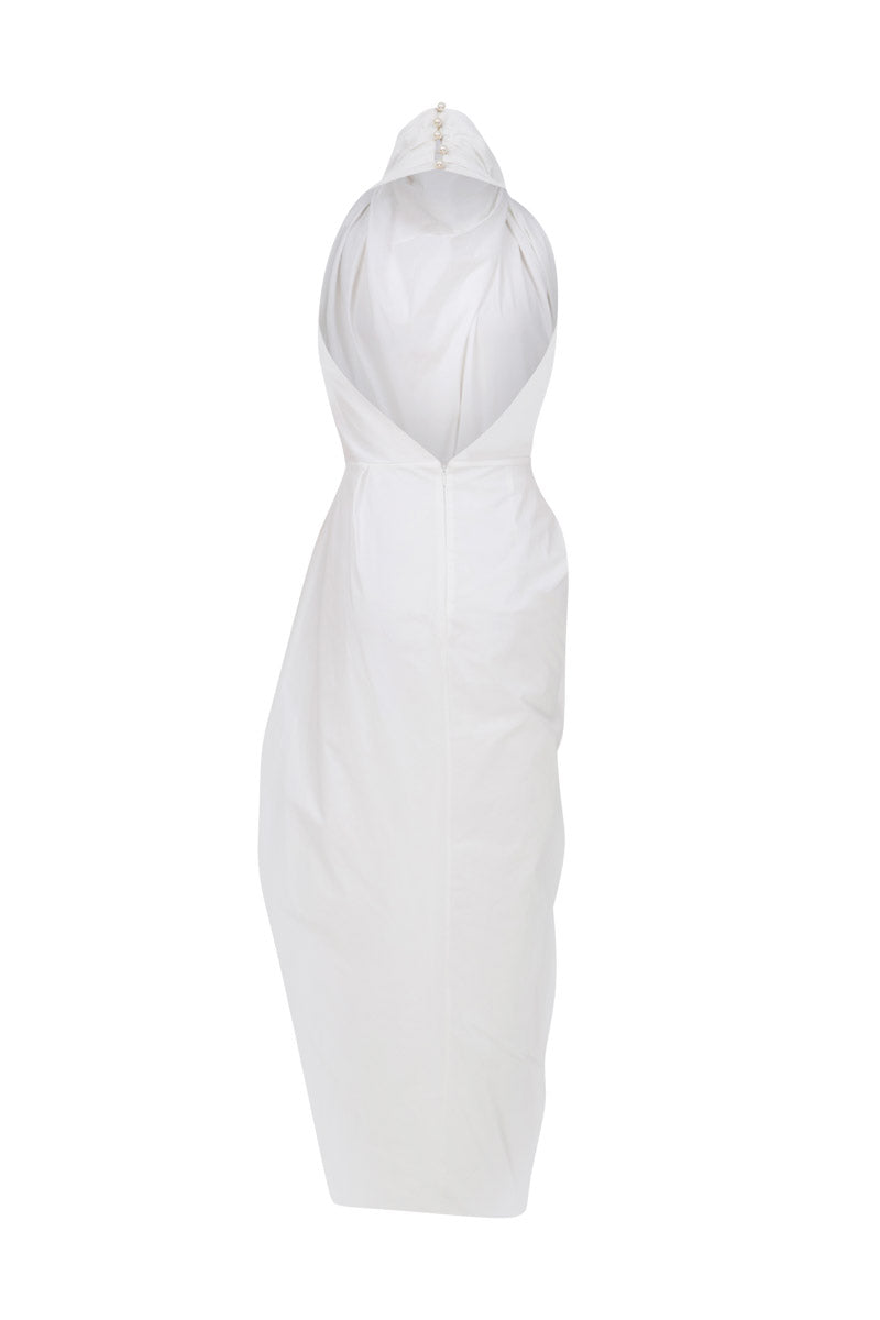 DRAPED MAXI DRESS WITH PEARL BUTTONS