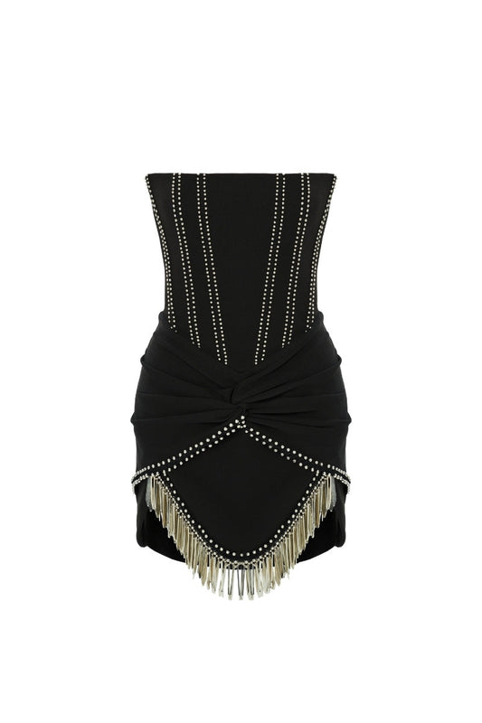 CORSET DETAILED STRAPLESS MINI DRESS IN BLACK