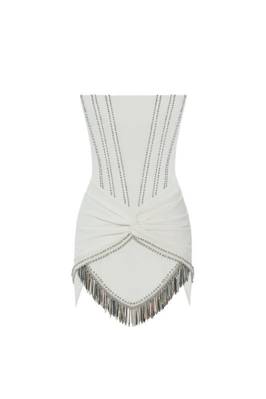 CORSET DETAILED STRAPLESS MINI DRESS IN OFF-WHITE