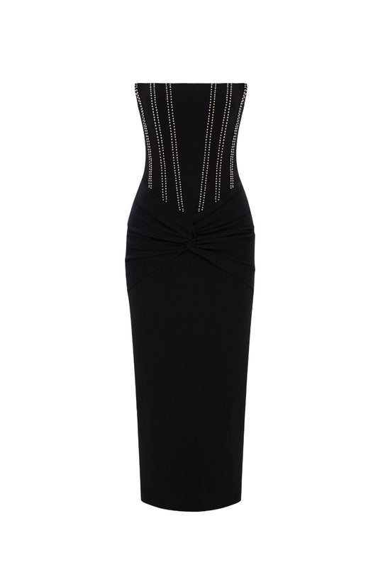 CORSET DETAILED STRAPLESS MIDI DRESS IN BLACK