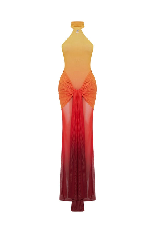 SUNSET BACKLESS PRINTED TULLE DRESS