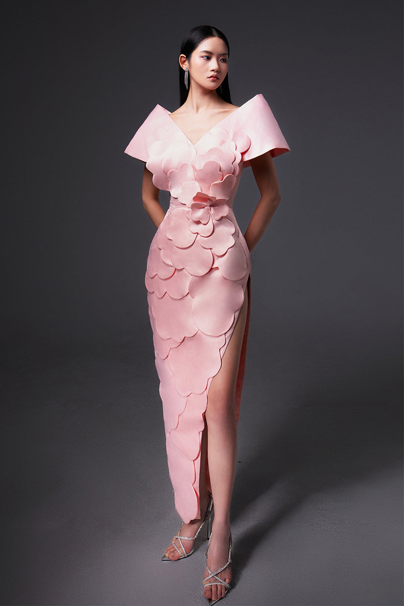 CULT MIA X HAPPY CLOTHING GLENN FLOWER APPLIQUE TAFFETA MAXI DRESS IN PINK