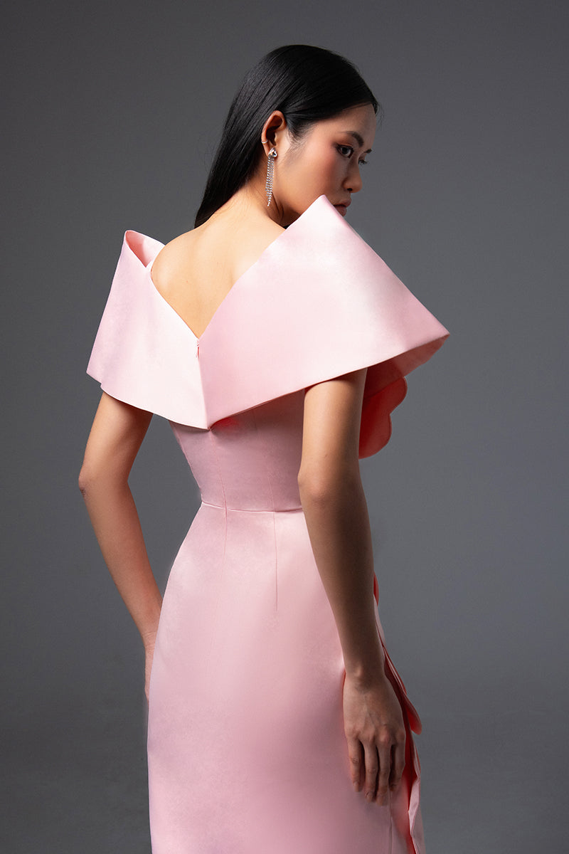 CULT MIA X HAPPY CLOTHING GLENN FLOWER APPLIQUE TAFFETA MAXI DRESS IN PINK