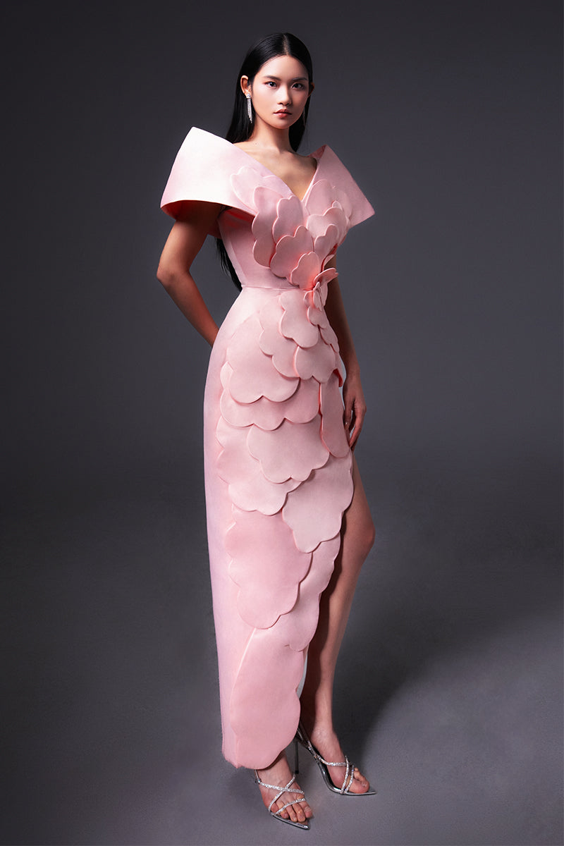 CULT MIA X HAPPY CLOTHING GLENN FLOWER APPLIQUE TAFFETA MAXI DRESS IN PINK