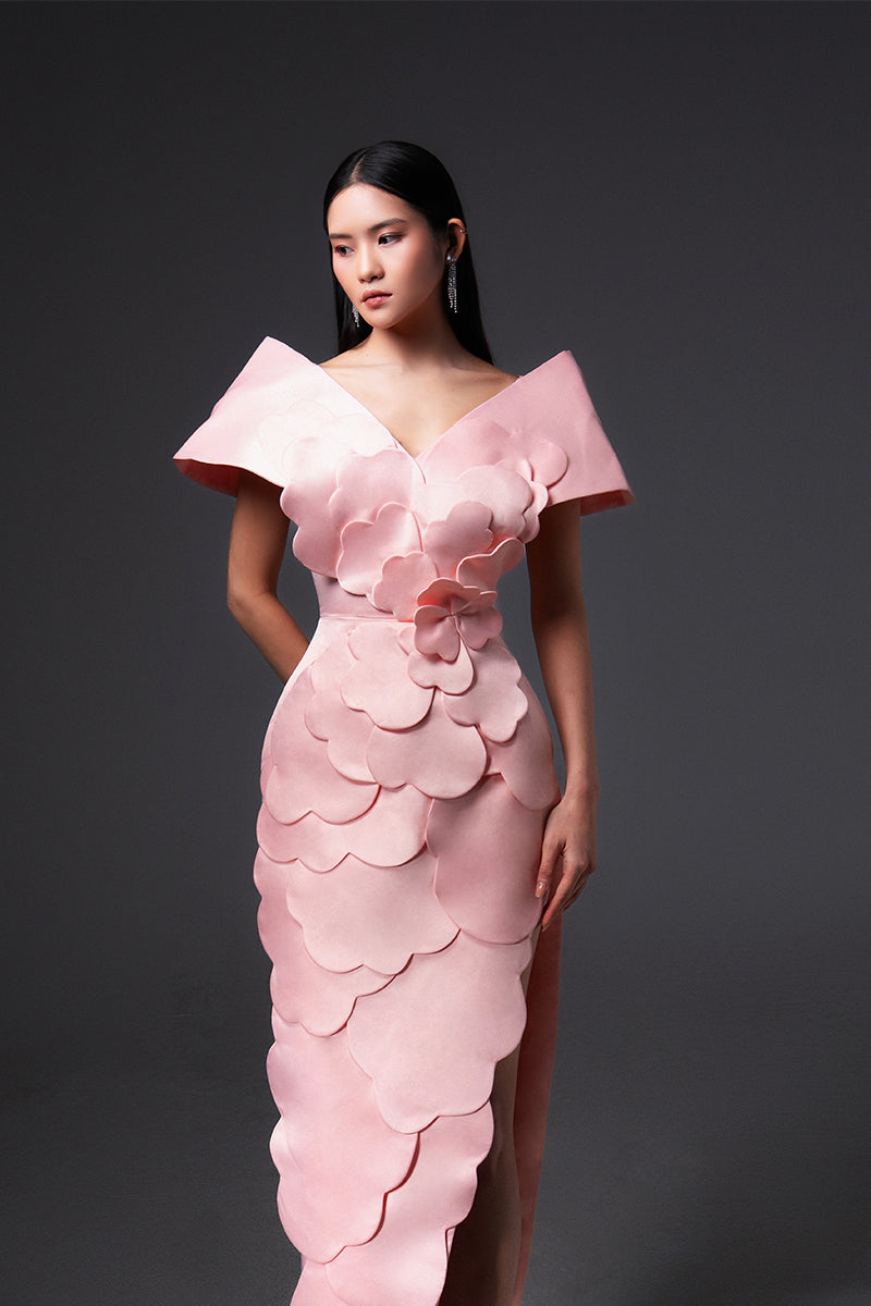 CULT MIA X HAPPY CLOTHING GLENN FLOWER APPLIQUE TAFFETA MAXI DRESS IN PINK