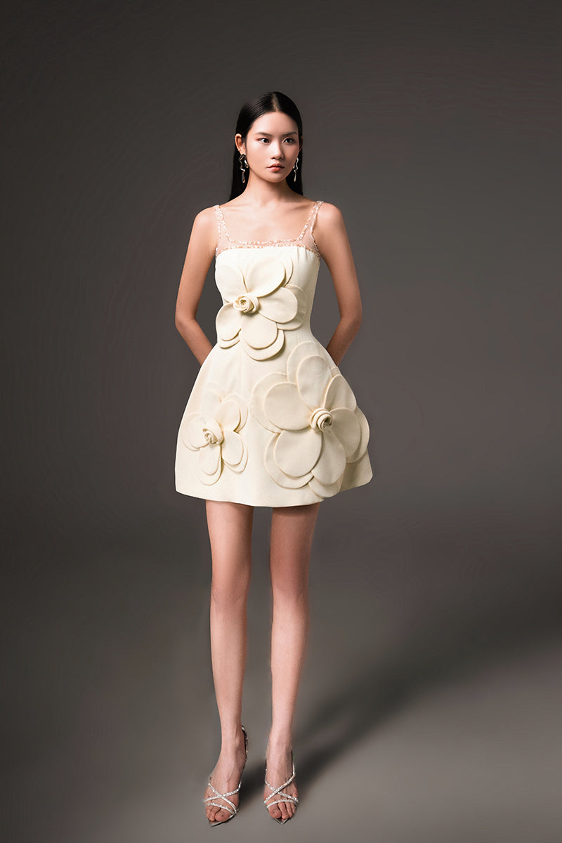 CULT MIA X HAPPY CLOTHING ANAHI FIT AND FLARE MINI DRESS IN LIGHT YELLOW