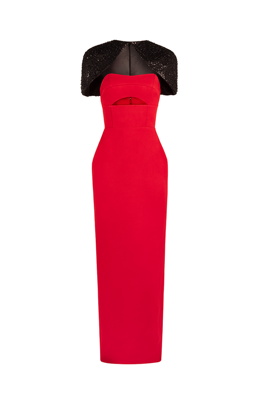 STRAPLESS TUBE DRESS WITH CAPE IN RED