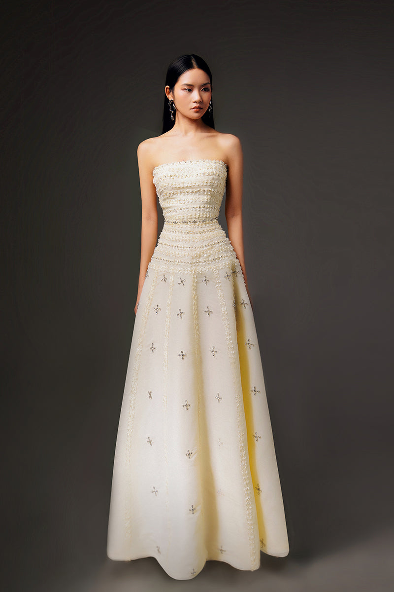CULT MIA X HAPPY CLOTHING TERRY STRAPLESS STONE ORGANZA MAXI DRESS IN LIGHT YELLOW