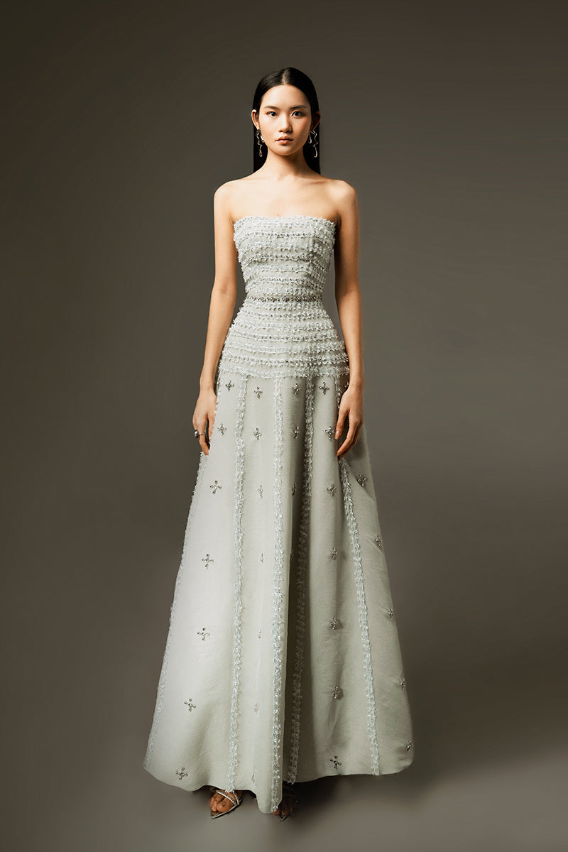 CULT MIA X HAPPY CLOTHING TERRY STRAPLESS STONE ORGANZA MAXI DRESS IN SOFT MINT GRAY
