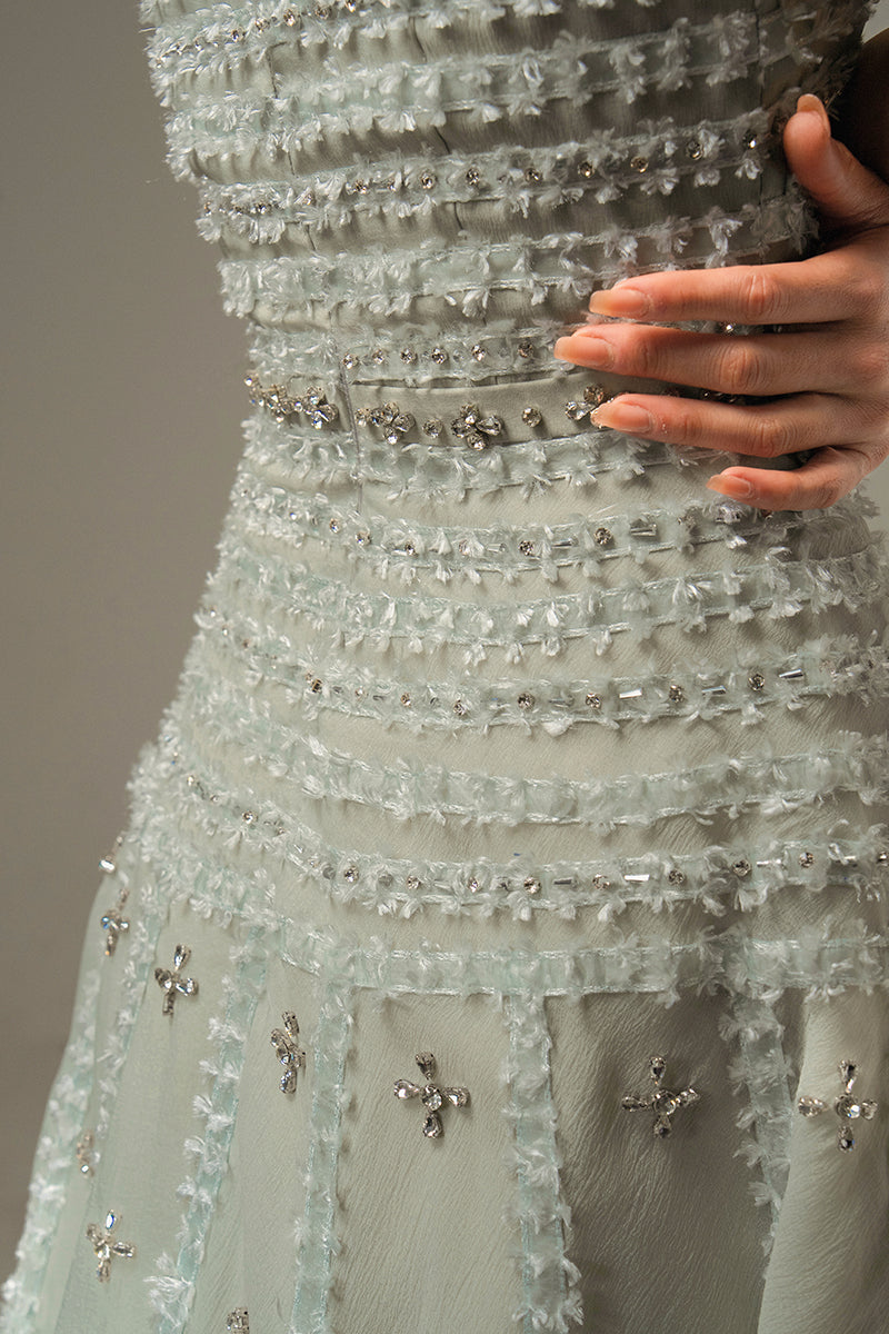 CULT MIA X HAPPY CLOTHING TERRY STRAPLESS STONE ORGANZA MAXI DRESS IN SOFT MINT GRAY