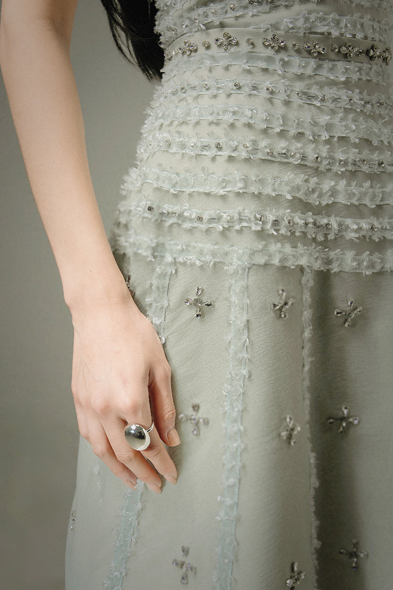 CULT MIA X HAPPY CLOTHING TERRY STRAPLESS STONE ORGANZA MAXI DRESS IN SOFT MINT GRAY