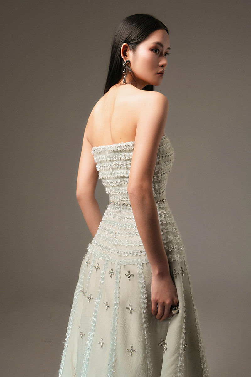 CULT MIA X HAPPY CLOTHING TERRY STRAPLESS STONE ORGANZA MAXI DRESS IN SOFT MINT GRAY