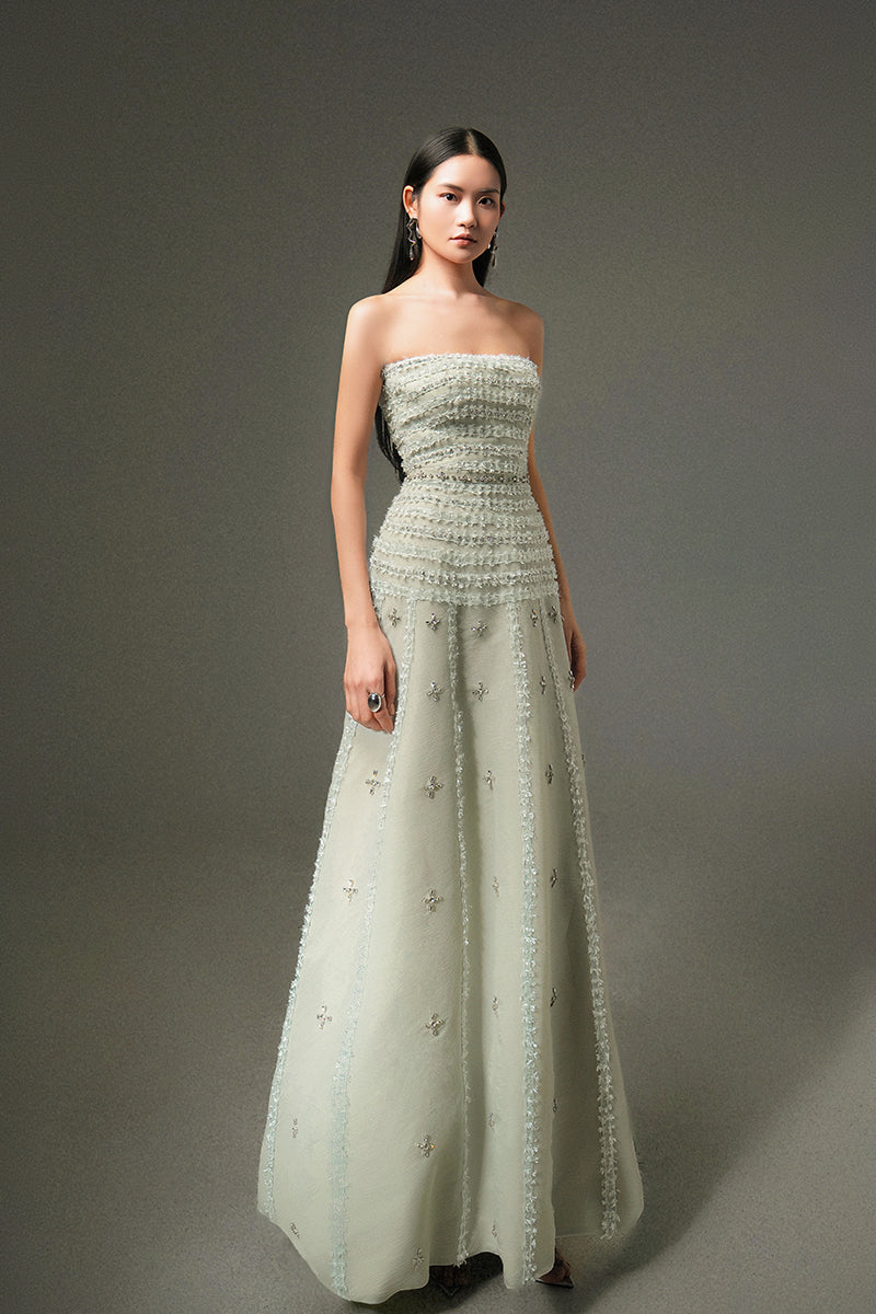 CULT MIA X HAPPY CLOTHING TERRY STRAPLESS STONE ORGANZA MAXI DRESS IN SOFT MINT GRAY
