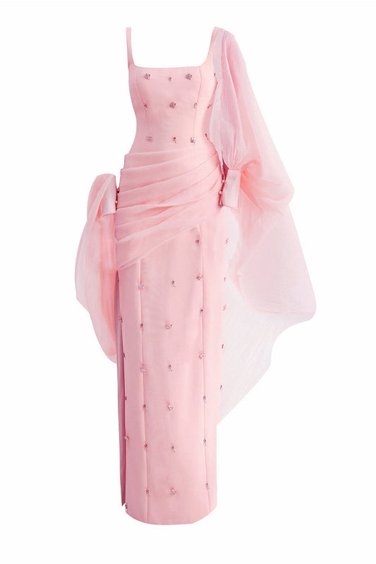 CULT MIA X HAPPY CLOTHING SIENNA COLD SHOULDER TAFFETA MAXI DRESS IN PINK