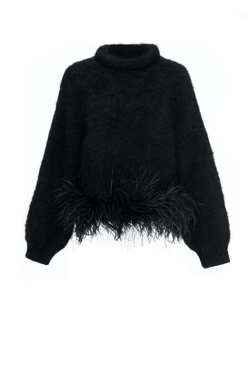 BLACK HIGH-NECK KNIT WOOL SWEATER WITH FEATHER-DETAILING