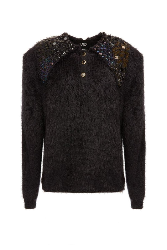 EMBELLISHED COLLARED BLACK SWEATER