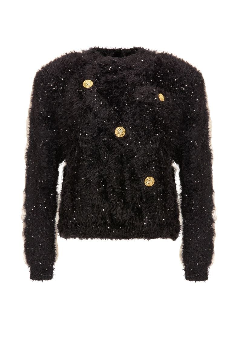 FLUFFY GOLD BUTTON BLACK SWEATER