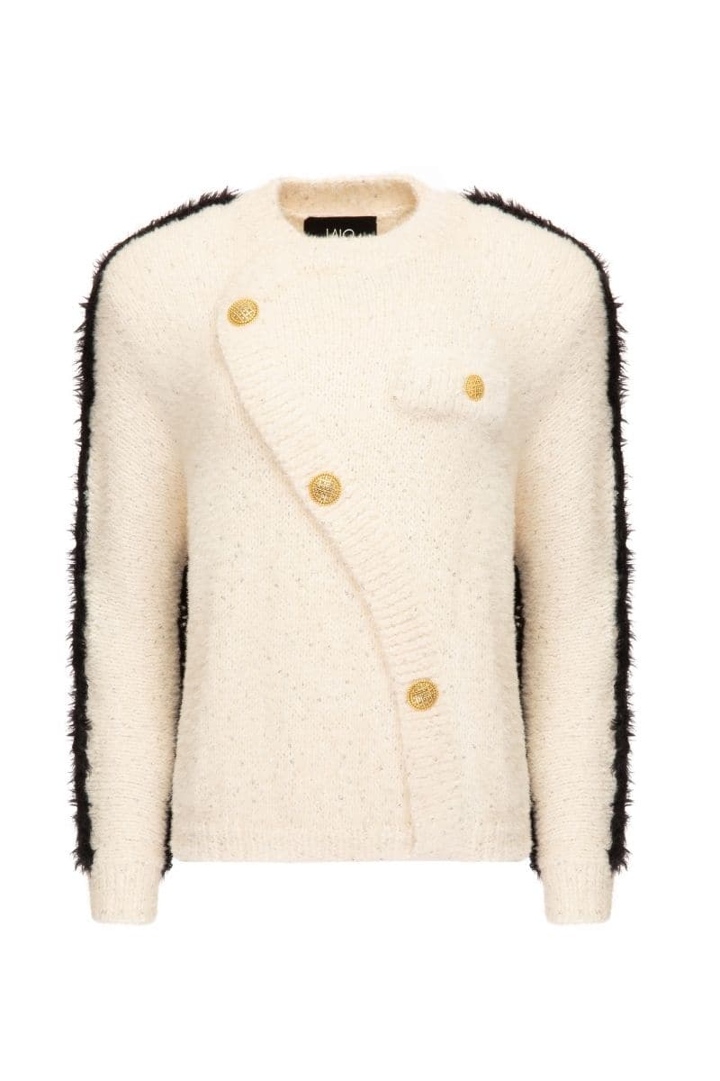 FLUFFY GOLD BUTTON WHITE SWEATER