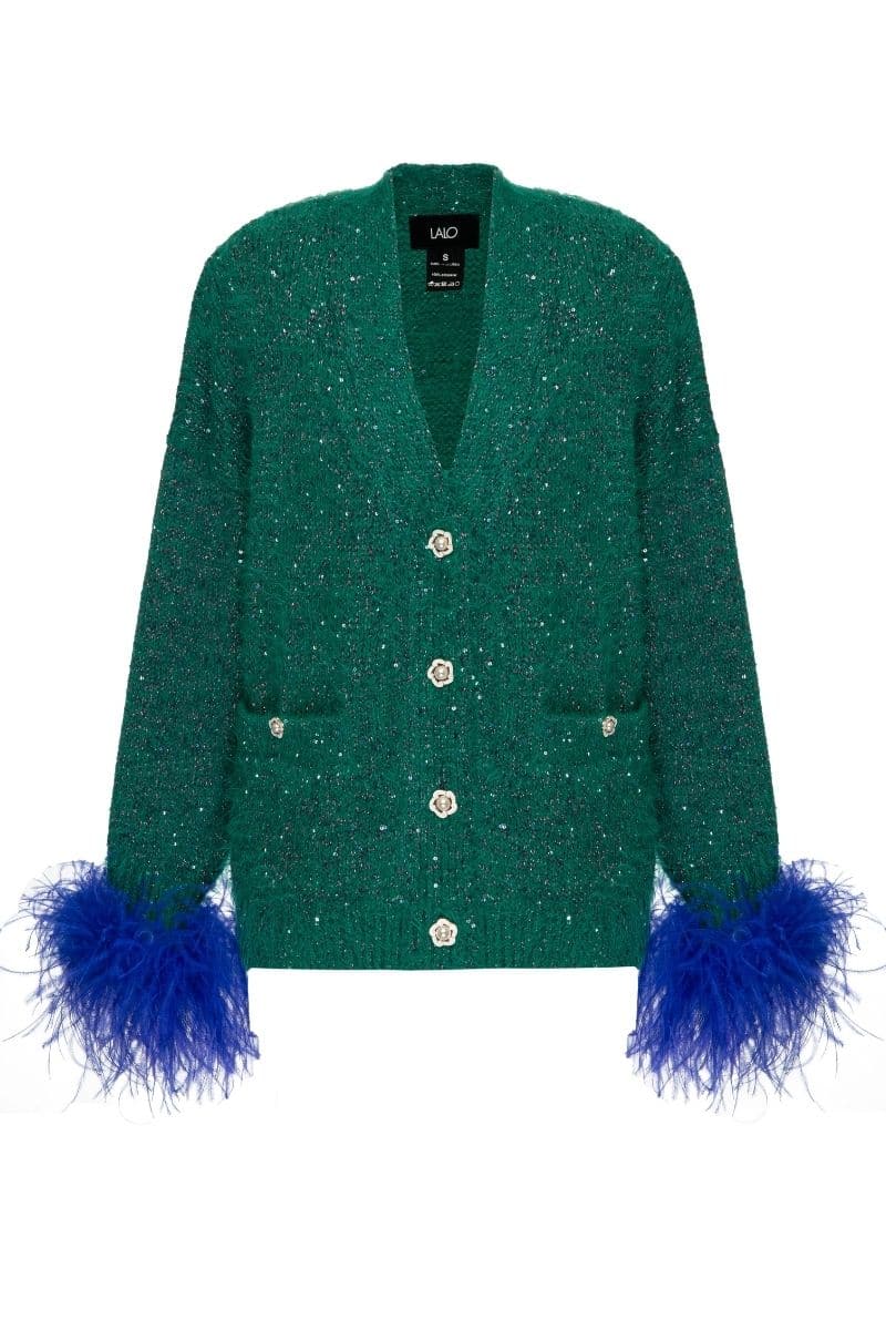 GREEN CARDIGAN WITH BLUE FEATHER-DETAILING