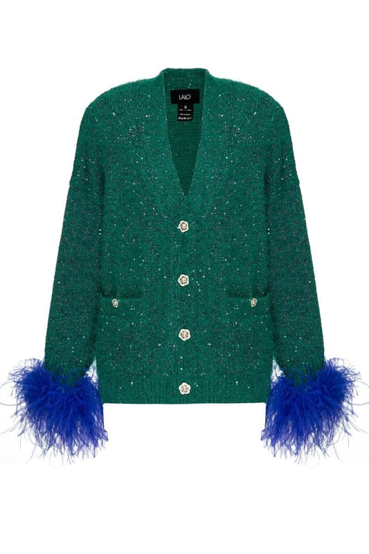 GREEN CARDIGAN WITH BLUE FEATHER-DETAILING