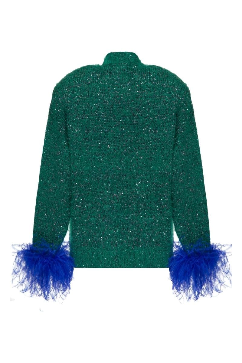 GREEN CARDIGAN WITH BLUE FEATHER-DETAILING