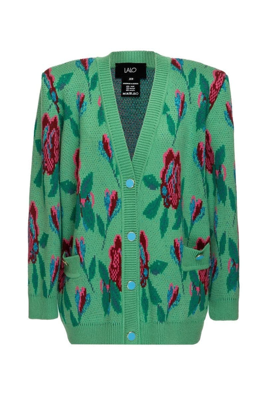 GREEN FLORAL DETAIL WOOL AND MOHAIR-BLEND CARDIGAN