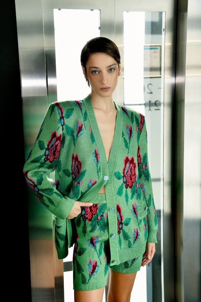 GREEN FLORAL DETAIL WOOL AND MOHAIR-BLEND CARDIGAN