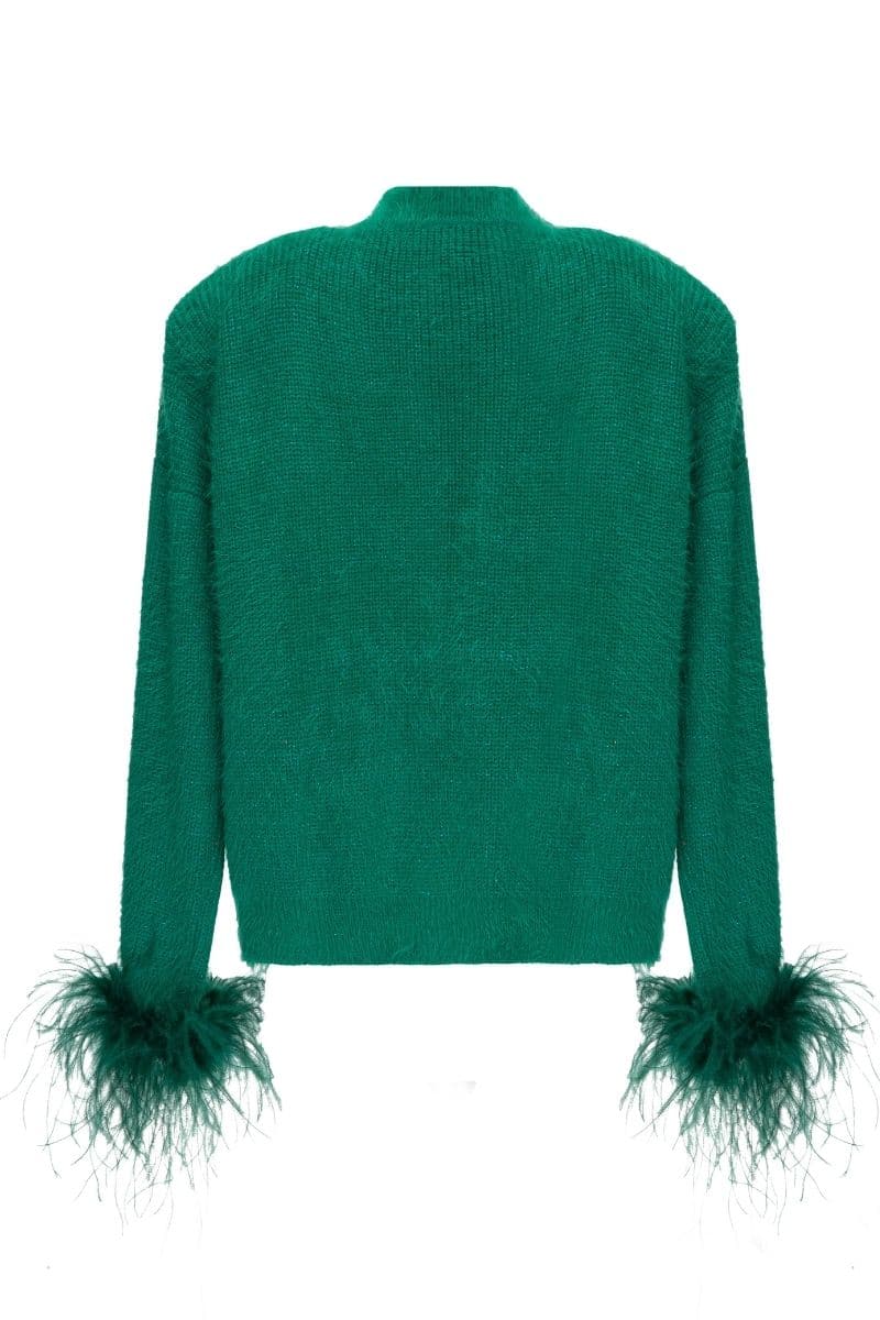 GREEN WOOL-BLEND CARDIGAN WITH GREEN FEATHER-DETAILING