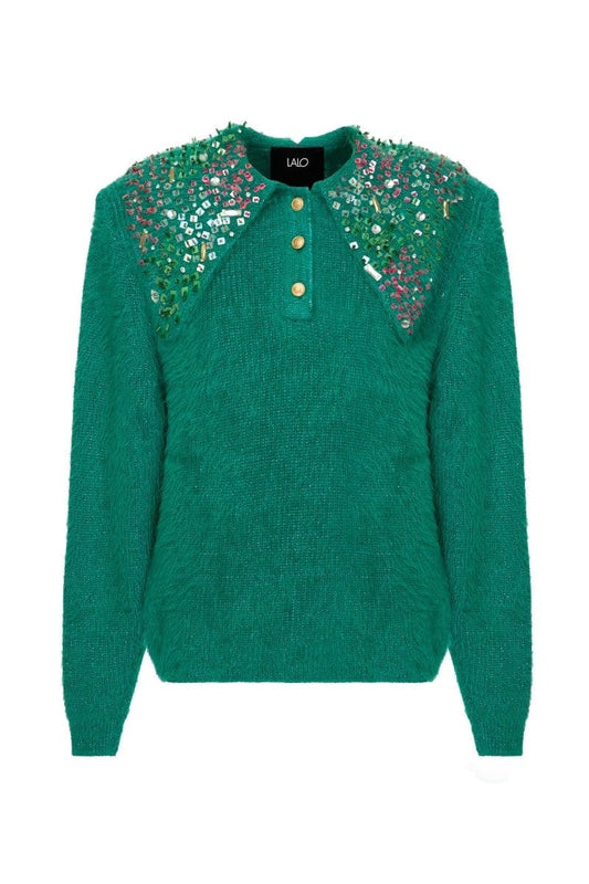 GREEN WOOL-BLEND SWEATER WITH COLLAR DETAILING