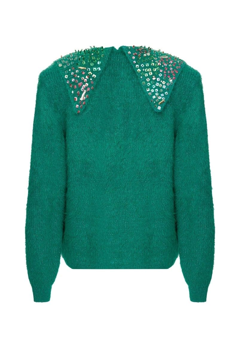 GREEN WOOL-BLEND SWEATER WITH COLLAR DETAILING